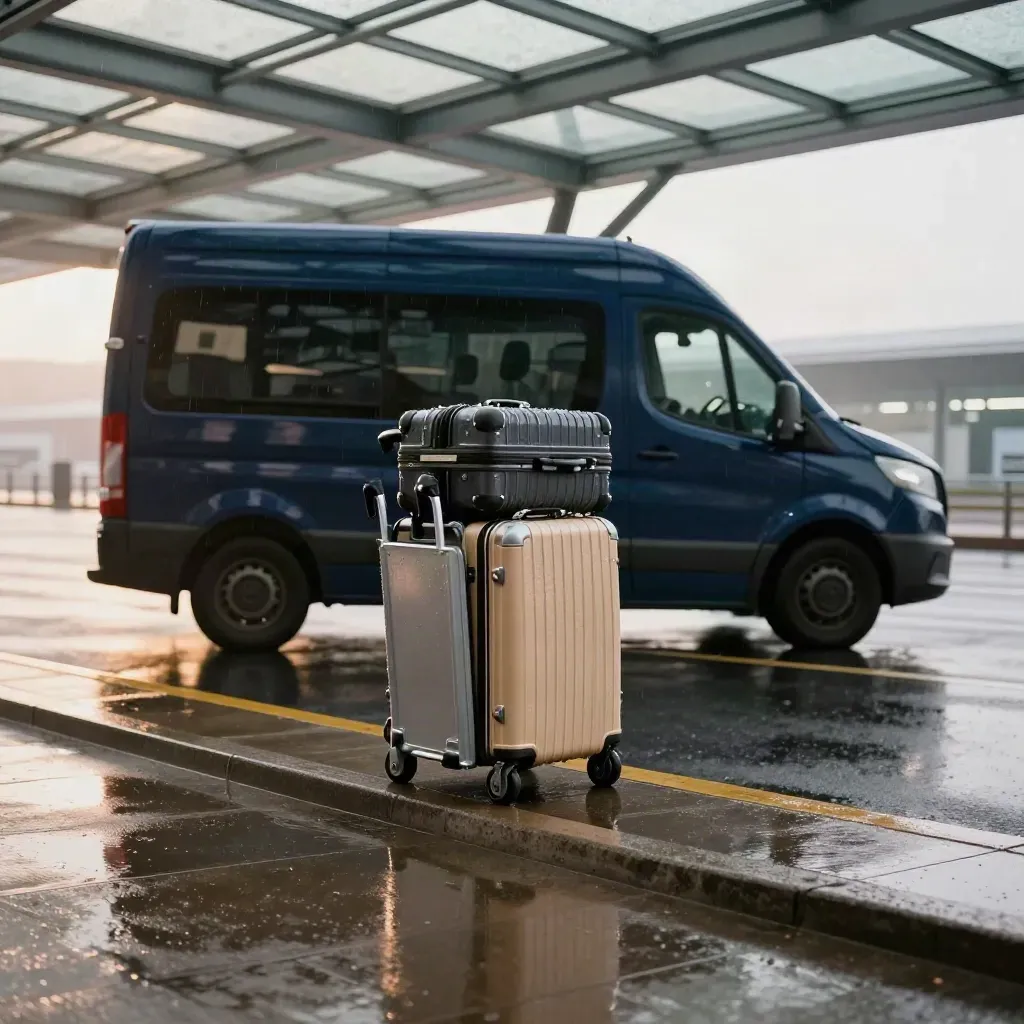 Navy shuttle van under a rainy airport canopy with suitcases and a baggage trolley.