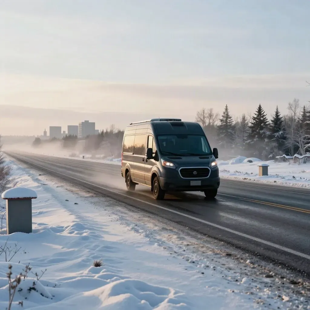 Dark shuttle van gliding on a snowy highway toward distant city towers.