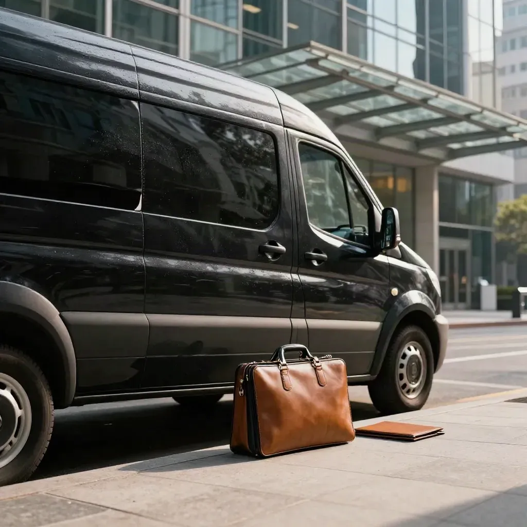 Black shuttle van at office tower canopy with briefcase and folio on a stone curb.