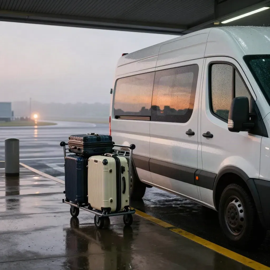 Graphite shuttle van and luggage trolley in wet pre-dawn mist at a glowing airport curb