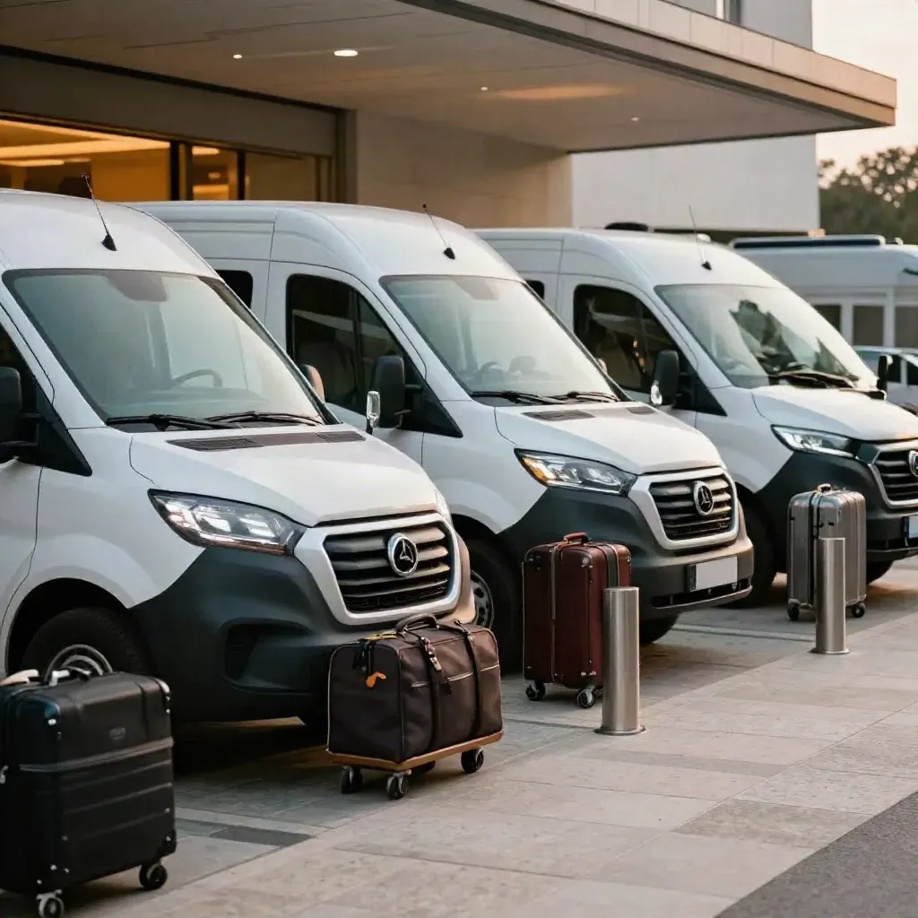 Three shuttle vans at an event curb with luggage carts and duffels in warm evening haze