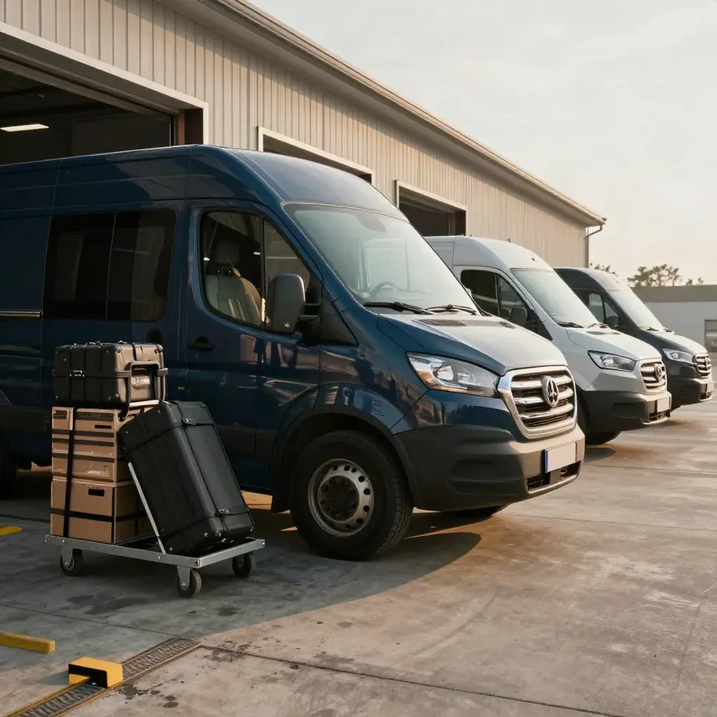 Shuttle vans lined at a loading bay with gear cases and crates in morning haze.