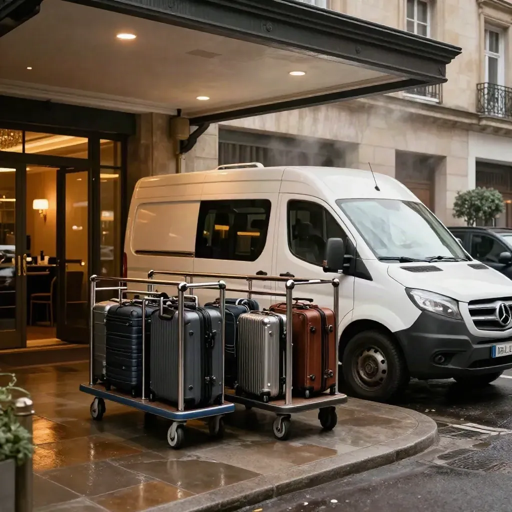 Two shuttle vans, luggage carts, and cases at a hotel entrance with warm light and steam.
