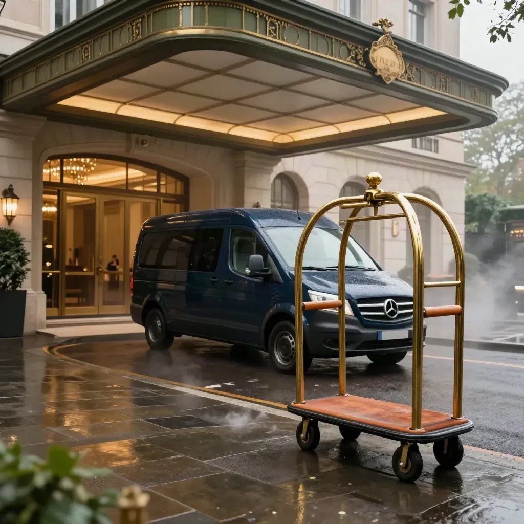 Shuttle van arriving under a hotel porte-cochère beside a brass luggage cart.