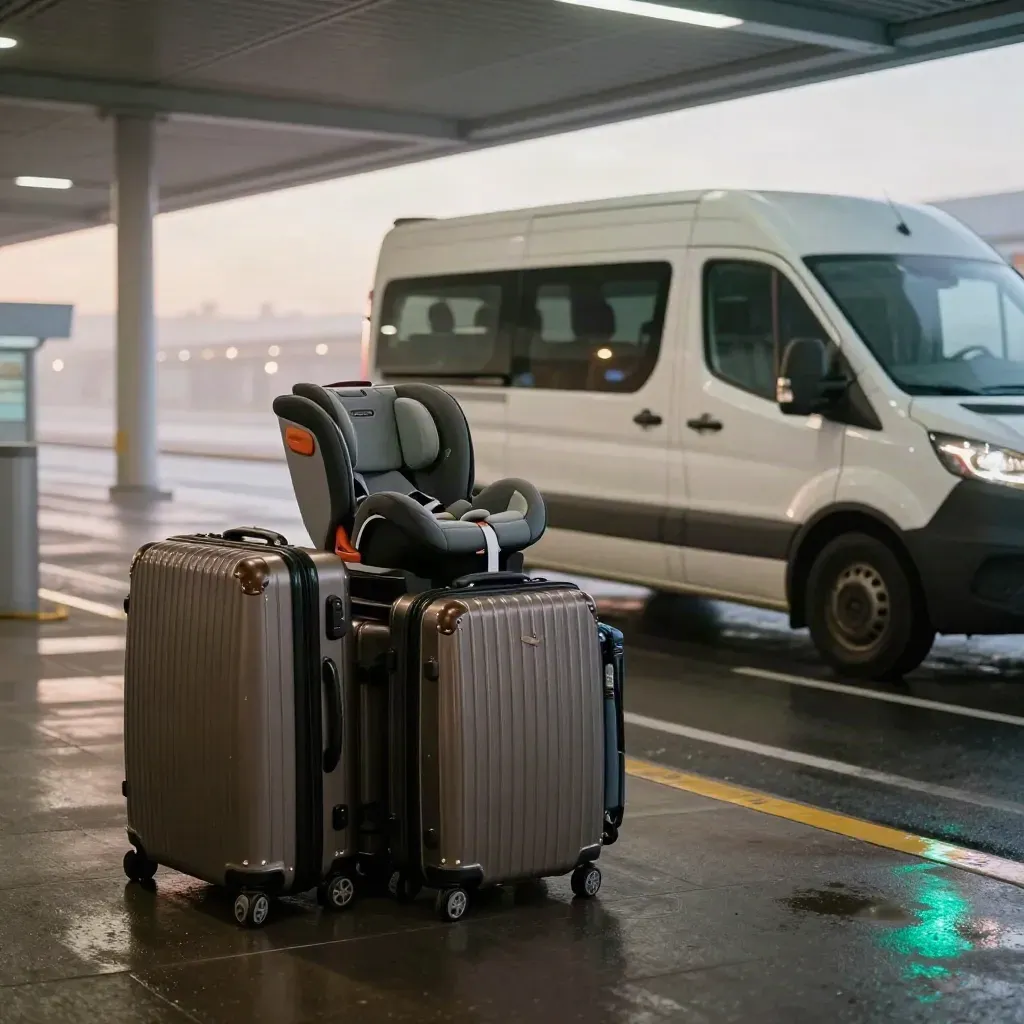 Dawn airport shuttle van with stacked suitcases and a child seat base under the Pearson curb canopy.
