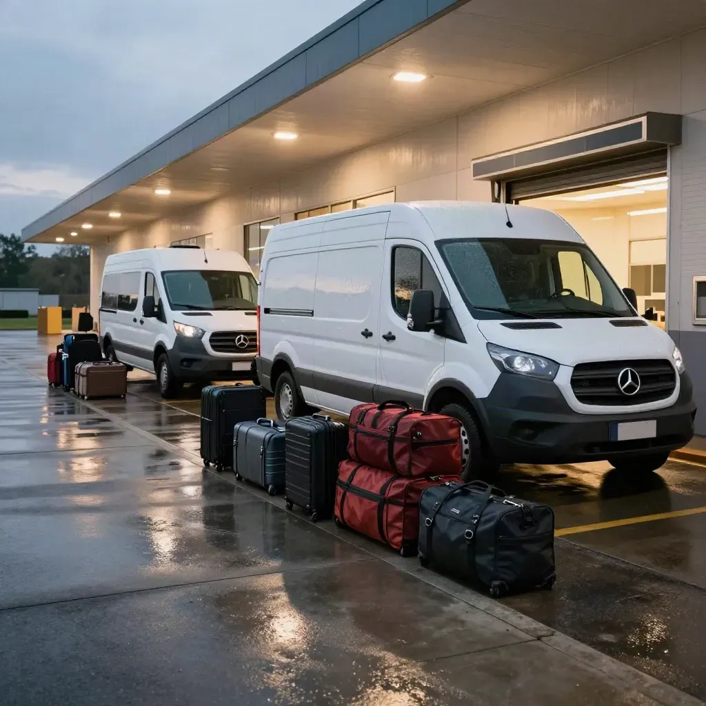 Two shuttle vans at a lit venue loading bay with overnight cases in light rain.