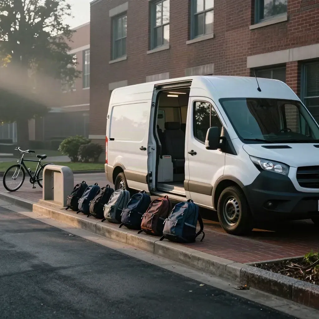 Campus curb stop with shuttle van, backpacks, bike rack, and morning haze