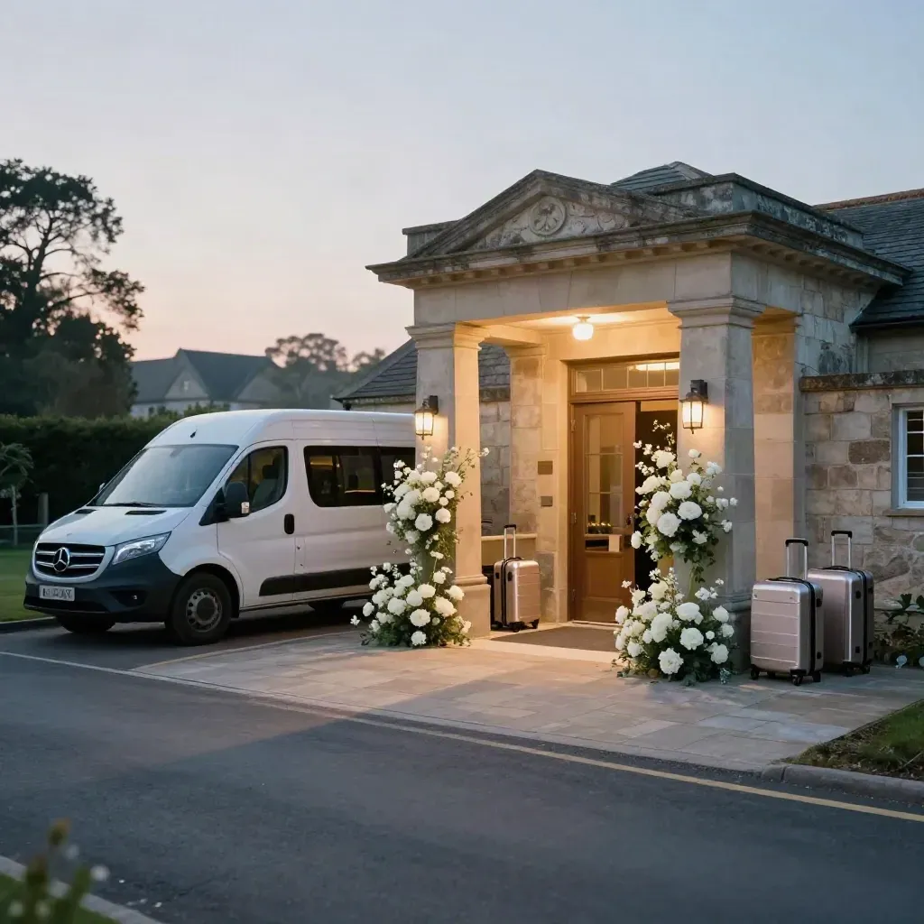 Shuttle van at a stone venue entrance with flowers and pearl luggage at dusk.