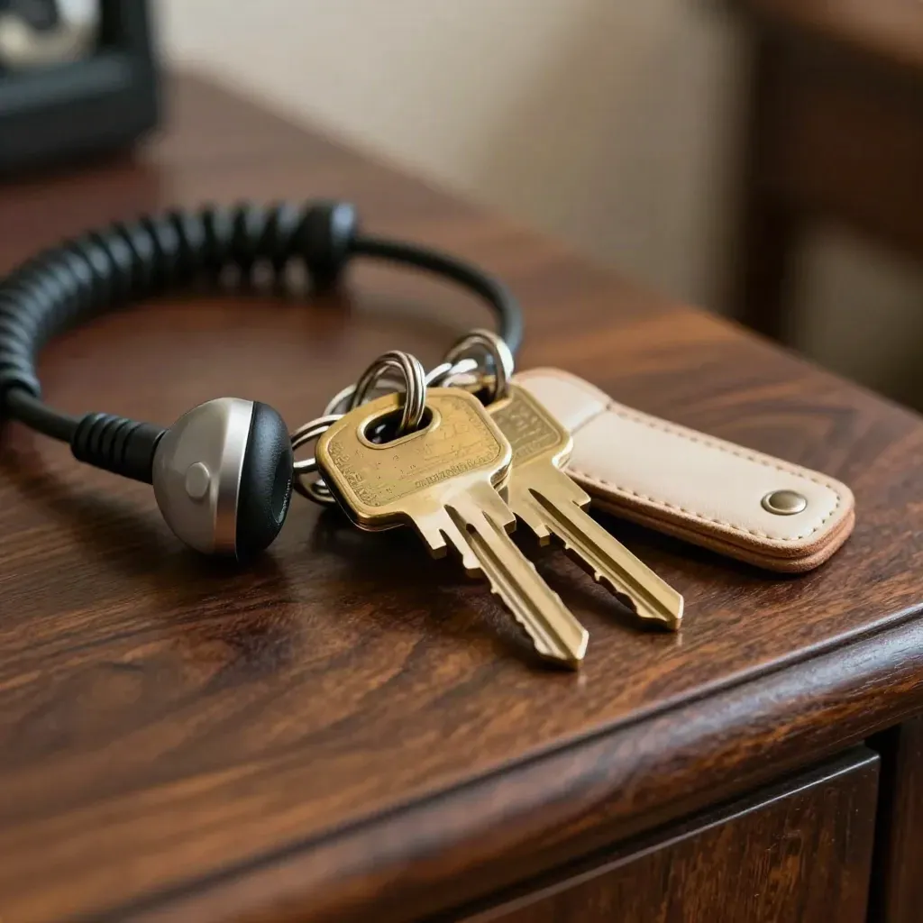 Macro still life of shuttle dispatch keys, radio earpiece and brass van fobs on walnut.