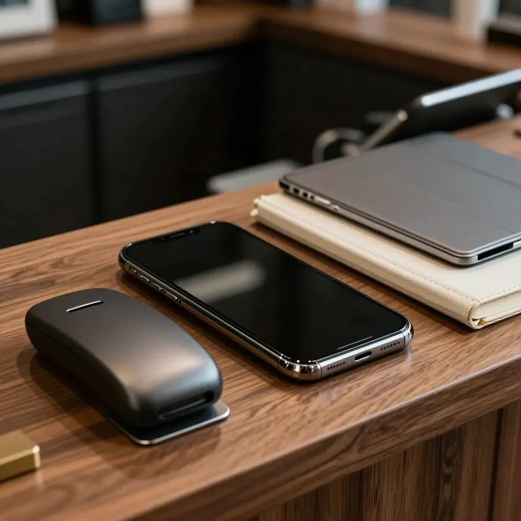 Macro shuttle booking desk with smartphone, tablet, card reader, and notebook on walnut.