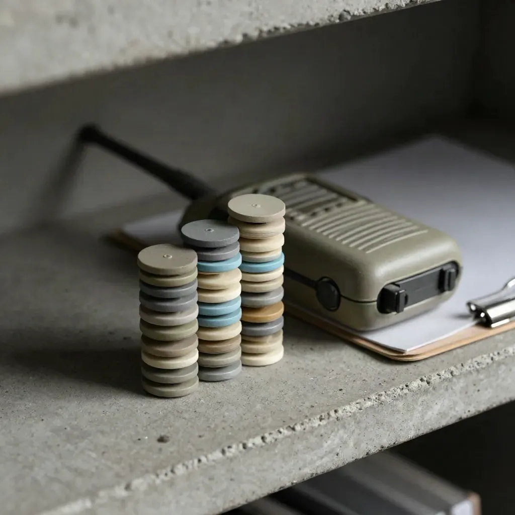 Route markers, compact radio and clipboard edge on concrete in cool dispatch light.