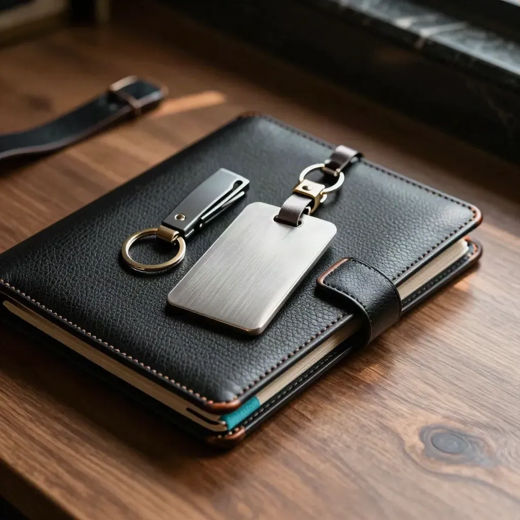 Top-down still life of travel folio, key fobs, luggage tag and tie clip on walnut.