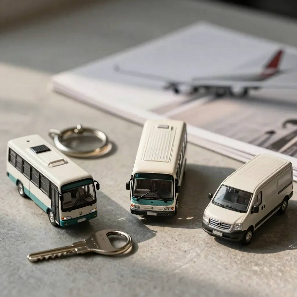 Overhead still-life of three miniature shuttle models and a matte key ring on stone.