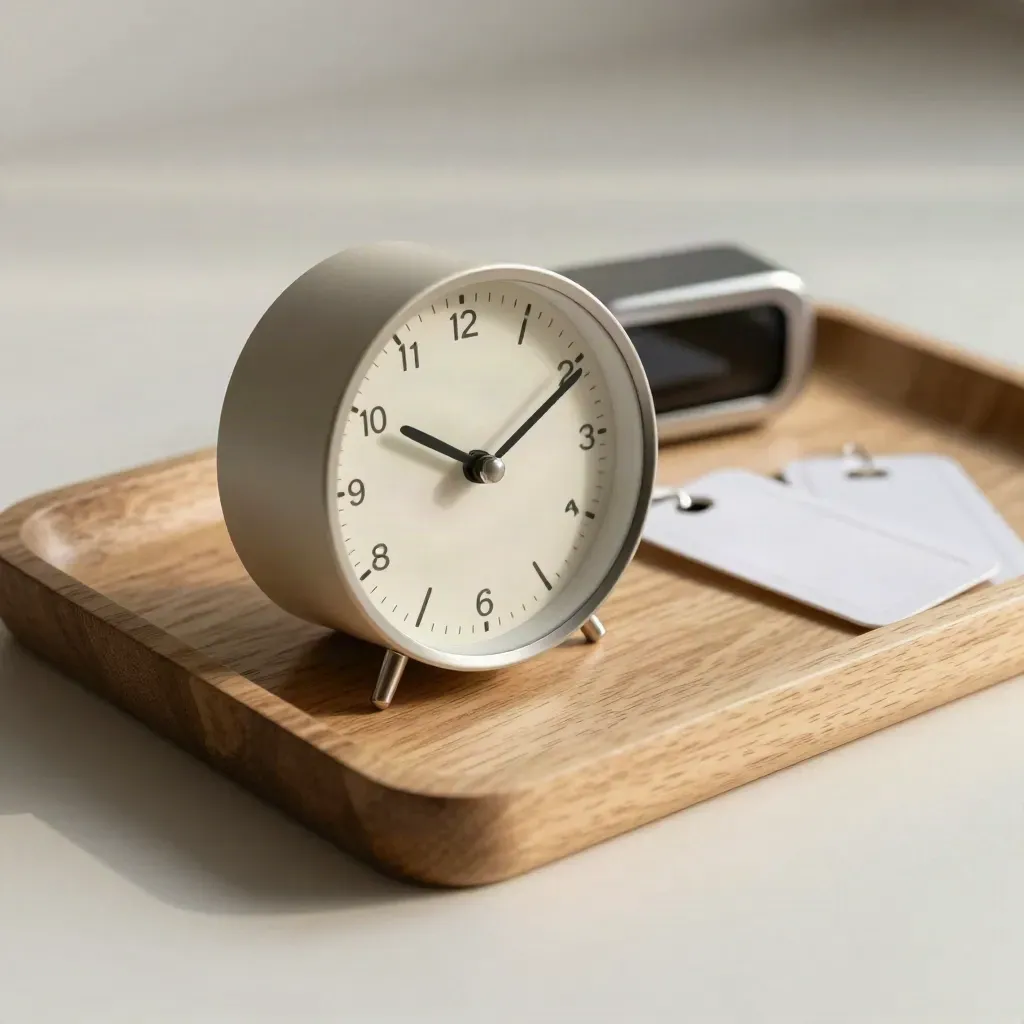 Minimal clock, timer, and blank luggage tags on pale oak tray in soft morning light.