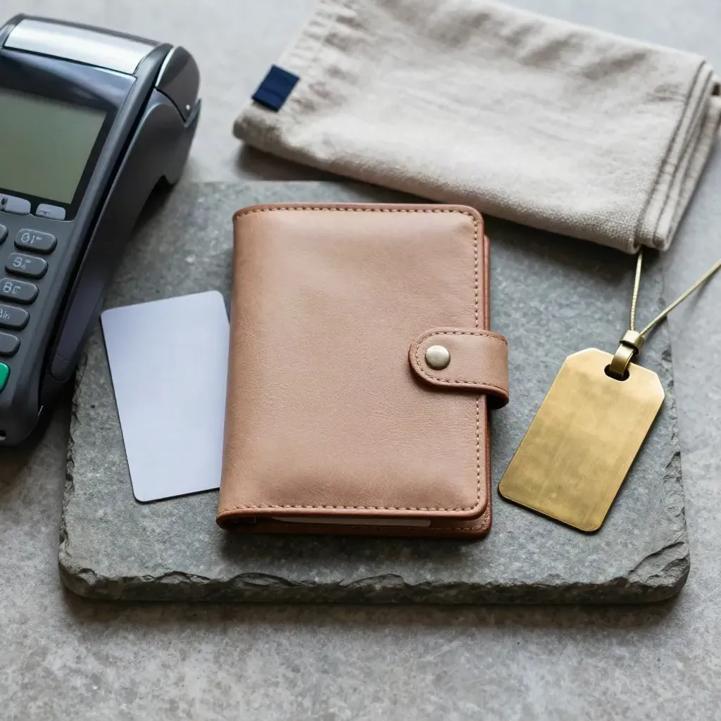 Passport wallet, blank card, payment terminal and brass tag on a stone tray with soft daylight.