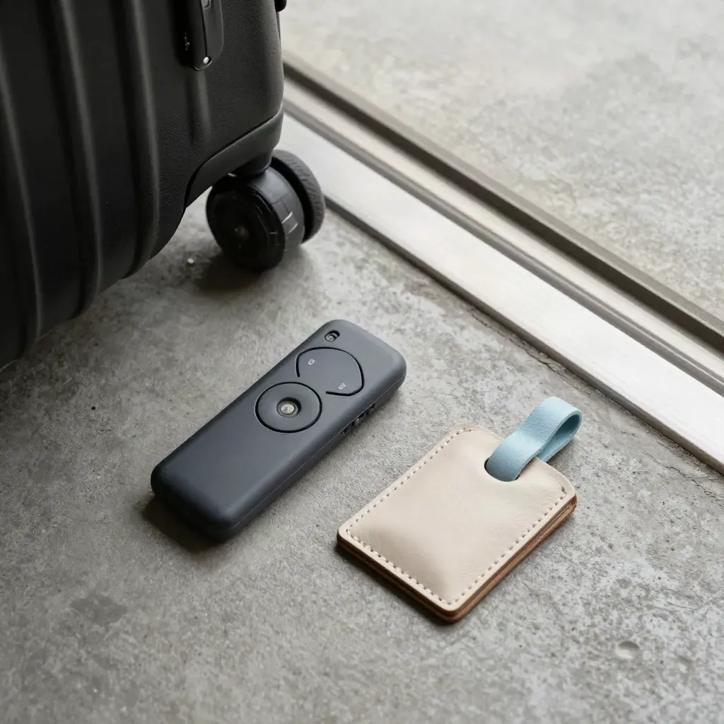 Suitcase wheel touching a door threshold beside a remote fob and key pouch on concrete