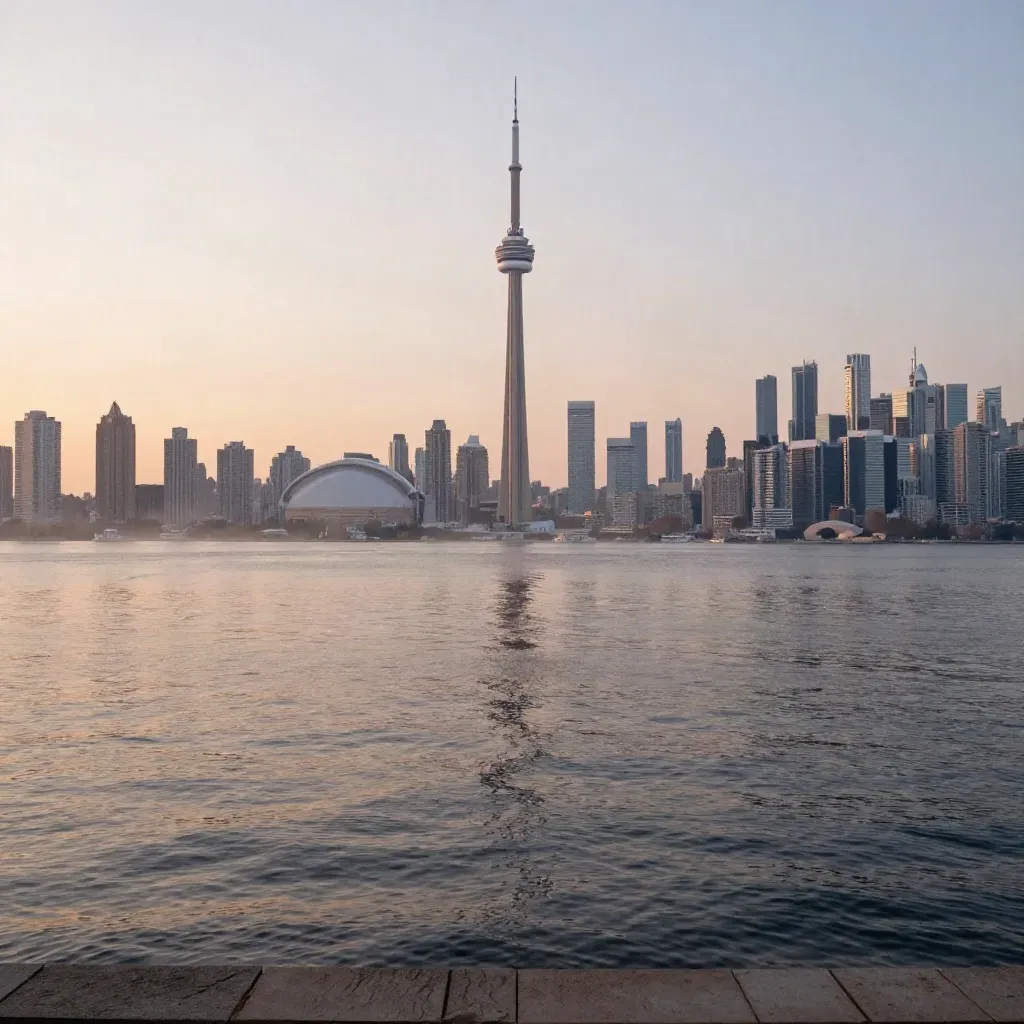 Toronto skyline at sunrise with CN Tower above calm harbour water and mist