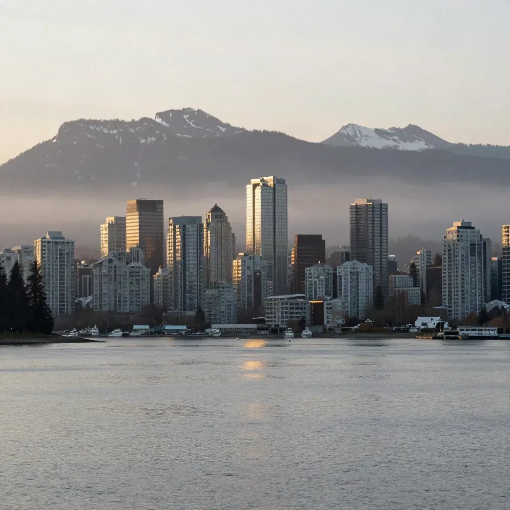 Vancouver skyline and mountain vista over calm harbour water in soft dawn mist