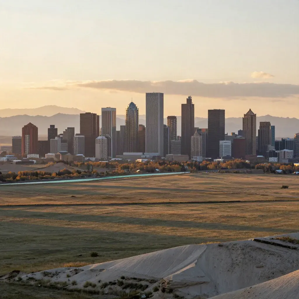 Calgary skyline at sunrise with the Rockies and open prairie under low cloud