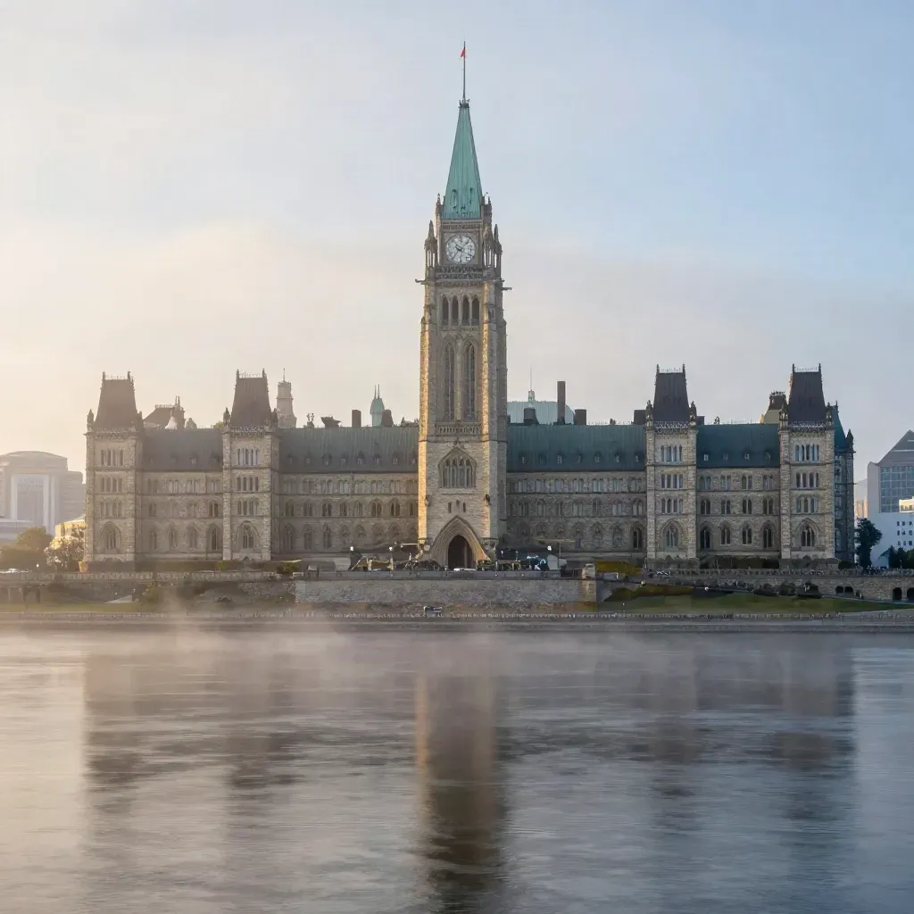 Parliament Hill rises through dawn haze over the Ottawa River with calm water and stone terraces.